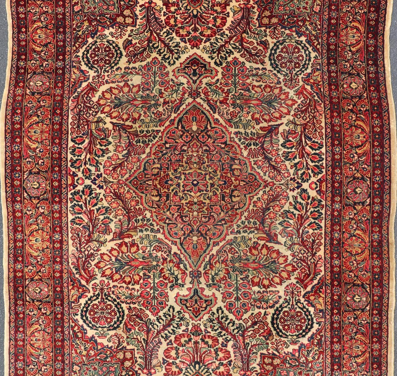 Antique Sarouk Feraghan Fine Persian Rug in Ivory Background on Floral Medallion Design. Country of Origin: Iran; Type: Feraghan Sarouk; Design: Medallion, All - Over; Keivan Woven Arts: rug B - 0718; Antique Persian Sarouk Farahan Rug, Antique Feraghan Sa... - Keivan Woven ArtsB - 0718 - 217Rug