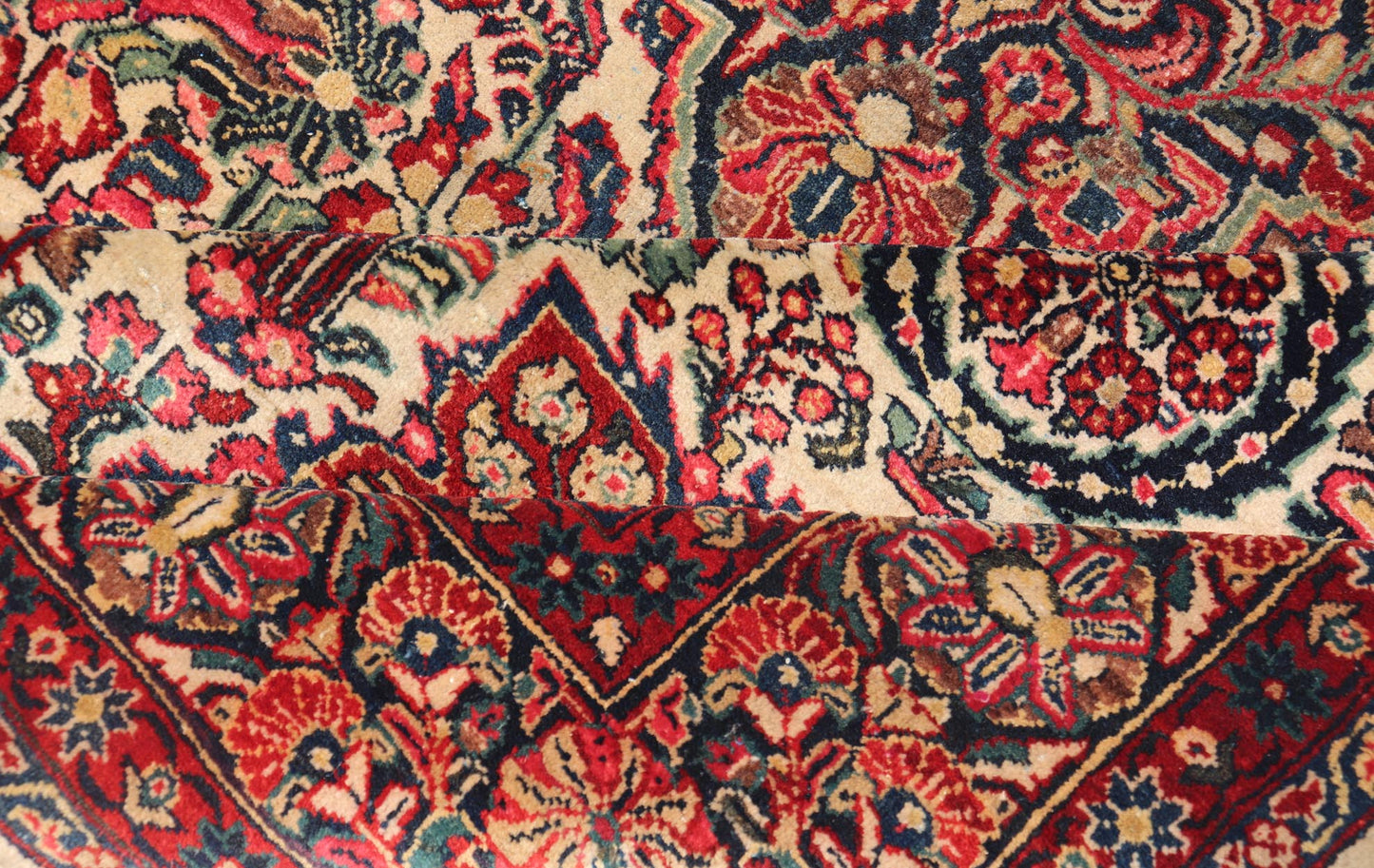 Antique Sarouk Feraghan Fine Persian Rug in Ivory Background on Floral Medallion Design. Country of Origin: Iran; Type: Feraghan Sarouk; Design: Medallion, All - Over; Keivan Woven Arts: rug B - 0718; Antique Persian Sarouk Farahan Rug, Antique Feraghan Sa... - Keivan Woven ArtsB - 0718 - 217Rug