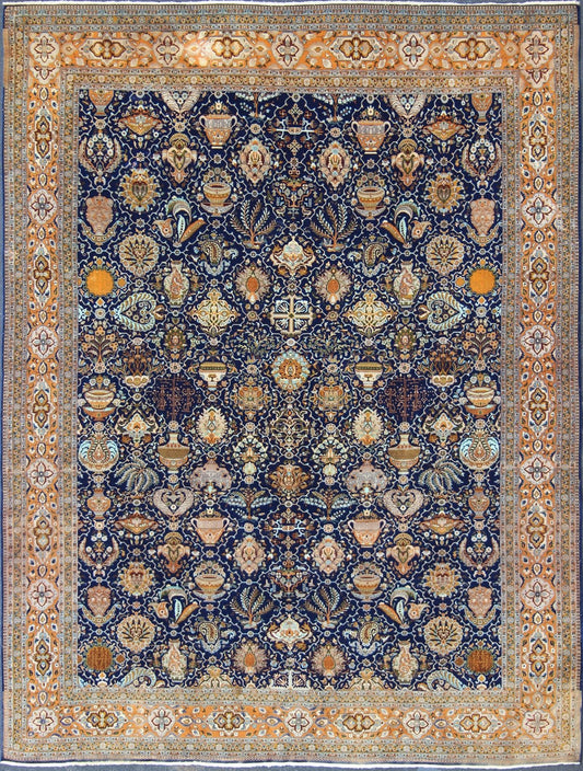 Blue background Persian Tabriz carpet with intricate floral elements, rug BC - 200599, country of origin / type: Iran / Tabriz, circa 1900 This outstanding antique Persian Tabriz carpet is primarily characterized by its classical composition. This... - Keivan Woven ArtsBC - 200599 - 12849Rug