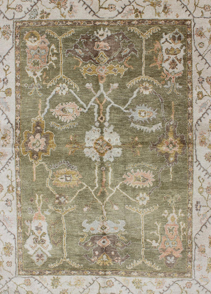 Reproduction Oushak rug with muted tones and neutral color palette and all - over floral design, rug BDH - 712862, country of origin / type: India/ Oushak This New hand knotted Oushak rug features a beautiful design rendered in green tones. Measu... - Keivan Woven ArtsBDH - 712862 - 5950Rug