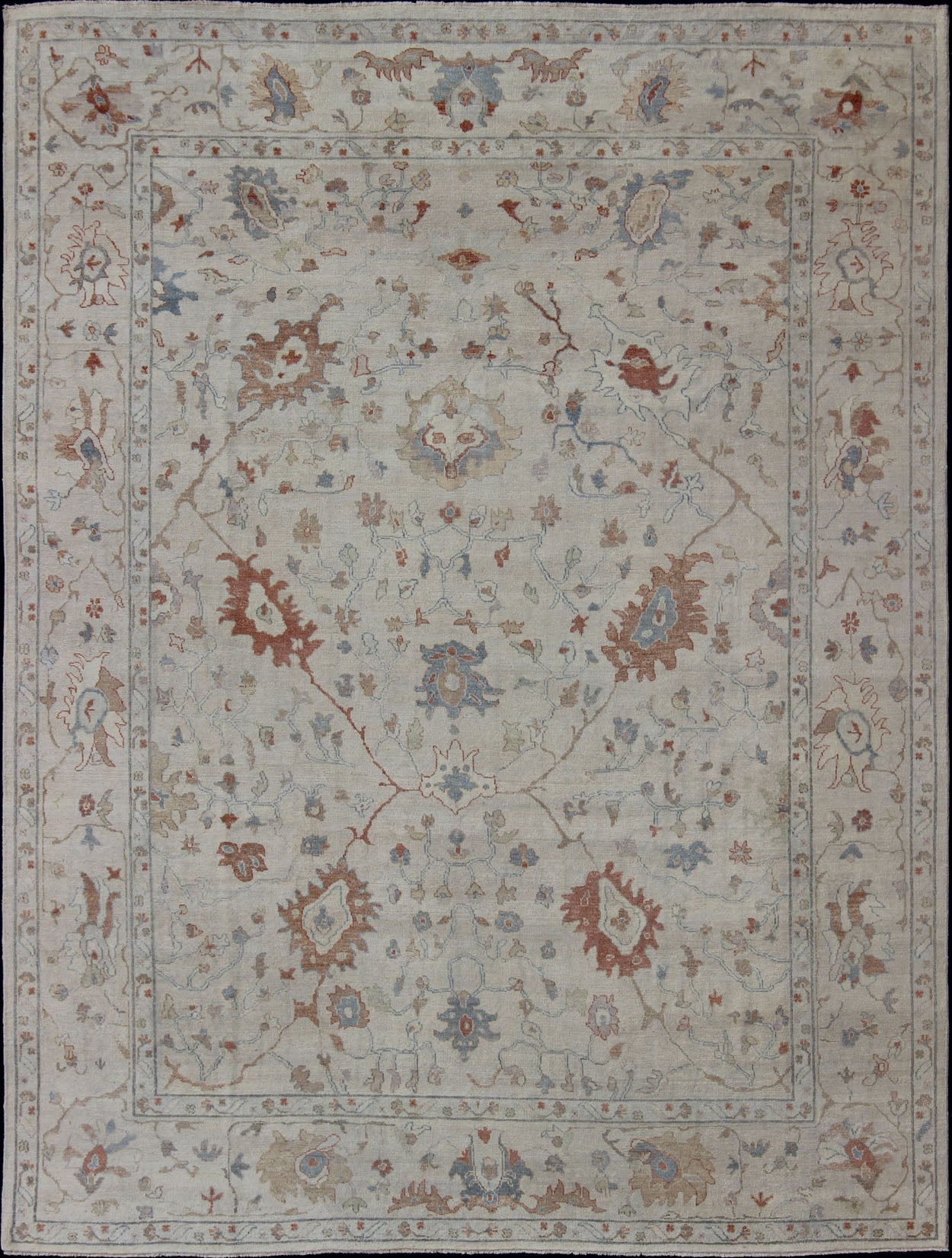 Modern Oushak Muted Rug by Keivan Woven Arts in Coral and Light Blue. Measures: 9'2 x 11'9 country of origin: India; Type: Oushak; Design: All - Over, Floral, Oushak Floral; Keivan Woven Arts: rug BDH - 742079; Oushak rug with blue and coral, ne... - Keivan Woven ArtsBDH - 742079 - 10866Rug