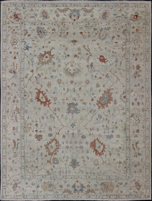 Modern Oushak Muted Rug by Keivan Woven Arts in Coral and Light Blue. Measures: 9'2 x 11'9 country of origin: India; Type: Oushak; Design: All - Over, Floral, Oushak Floral; Keivan Woven Arts: rug BDH - 742079; Oushak rug with blue and coral, ne... - Keivan Woven ArtsBDH - 742079 - 10866Rug