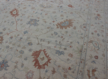 Modern Oushak Muted Rug by Keivan Woven Arts in Coral and Light Blue. Measures: 9'2 x 11'9 country of origin: India; Type: Oushak; Design: All - Over, Floral, Oushak Floral; Keivan Woven Arts: rug BDH - 742079; Oushak rug with blue and coral, ne... - Keivan Woven ArtsBDH - 742079 - 10866Rug