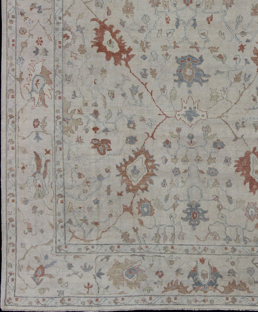 Modern Oushak Muted Rug by Keivan Woven Arts in Coral and Light Blue. Measures: 9'2 x 11'9 country of origin: India; Type: Oushak; Design: All - Over, Floral, Oushak Floral; Keivan Woven Arts: rug BDH - 742079; Oushak rug with blue and coral, ne... - Keivan Woven ArtsBDH - 742079 - 10866Rug