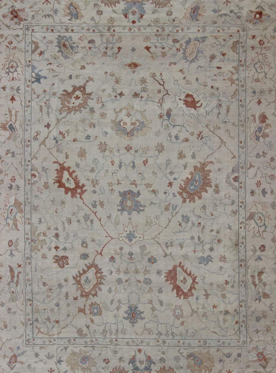 Modern Oushak Muted Rug by Keivan Woven Arts in Coral and Light Blue. Measures: 9'2 x 11'9 country of origin: India; Type: Oushak; Design: All - Over, Floral, Oushak Floral; Keivan Woven Arts: rug BDH - 742079; Oushak rug with blue and coral, ne... - Keivan Woven ArtsBDH - 742079 - 10866Rug