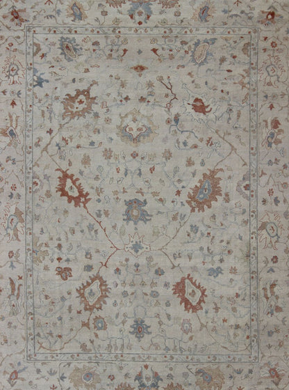 Modern Oushak Muted Rug by Keivan Woven Arts in Coral and Light Blue. Measures: 9'2 x 11'9 country of origin: India; Type: Oushak; Design: All - Over, Floral, Oushak Floral; Keivan Woven Arts: rug BDH - 742079; Oushak rug with blue and coral, ne... - Keivan Woven ArtsBDH - 742079 - 10866Rug