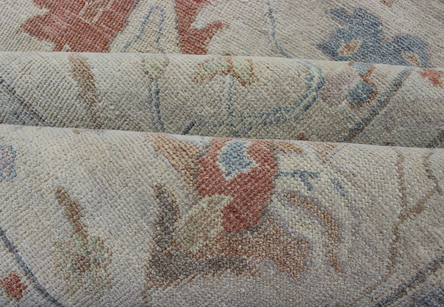 Modern Oushak Muted Rug by Keivan Woven Arts in Coral and Light Blue. Measures: 9'2 x 11'9 country of origin: India; Type: Oushak; Design: All - Over, Floral, Oushak Floral; Keivan Woven Arts: rug BDH - 742079; Oushak rug with blue and coral, ne... - Keivan Woven ArtsBDH - 742079 - 10866Rug