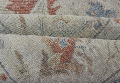 Modern Oushak Muted Rug by Keivan Woven Arts in Coral and Light Blue. Measures: 9'2 x 11'9 country of origin: India; Type: Oushak; Design: All - Over, Floral, Oushak Floral; Keivan Woven Arts: rug BDH - 742079; Oushak rug with blue and coral, ne... - Keivan Woven ArtsBDH - 742079 - 10866Rug