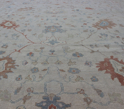 Modern Oushak Muted Rug by Keivan Woven Arts in Coral and Light Blue. Measures: 9'2 x 11'9 country of origin: India; Type: Oushak; Design: All - Over, Floral, Oushak Floral; Keivan Woven Arts: rug BDH - 742079; Oushak rug with blue and coral, ne... - Keivan Woven ArtsBDH - 742079 - 10866Rug