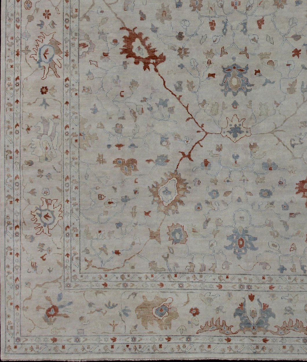 Modern Hand Knotted Oushak Muted Rug in Coral and Light Blue Measures 12 x 15 This hand knotted Oushak rug features a beautiful classic Oushak floral design, rendered in red, blue, terra cotta, and ivory. The field and border are harmon... - Keivan Woven ArtsBDH - 742865 - 10876Rug