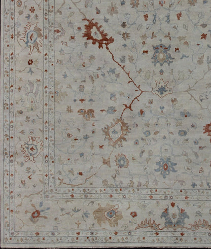 Modern Hand Knotted Oushak Muted Rug in Coral and Light Blue Measures 12 x 15 This hand knotted Oushak rug features a beautiful classic Oushak floral design, rendered in red, blue, terra cotta, and ivory. The field and border are harmon... - Keivan Woven ArtsBDH - 742865 - 10876Rug