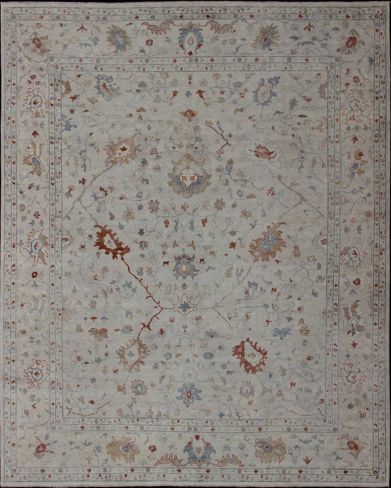 Modern Hand Knotted Oushak Muted Rug in Coral and Light Blue Measures 12 x 15 This hand knotted Oushak rug features a beautiful classic Oushak floral design, rendered in red, blue, terra cotta, and ivory. The field and border are harmon... - Keivan Woven ArtsBDH - 742865 - 10876Rug