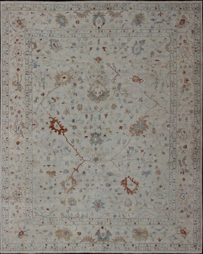 Modern Hand Knotted Oushak Muted Rug in Coral and Light Blue Measures 12 x 15 This hand knotted Oushak rug features a beautiful classic Oushak floral design, rendered in red, blue, terra cotta, and ivory. The field and border are harmon... - Keivan Woven ArtsBDH - 742865 - 10876Rug
