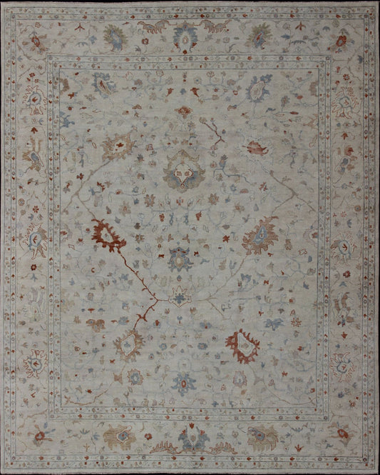 Modern Hand Knotted Oushak Muted Rug in Coral and Light Blue Measures 12 x 15 This hand knotted Oushak rug features a beautiful classic Oushak floral design, rendered in red, blue, terra cotta, and ivory. The field and border are harmon... - Keivan Woven ArtsBDH - 742865 - 10876Rug