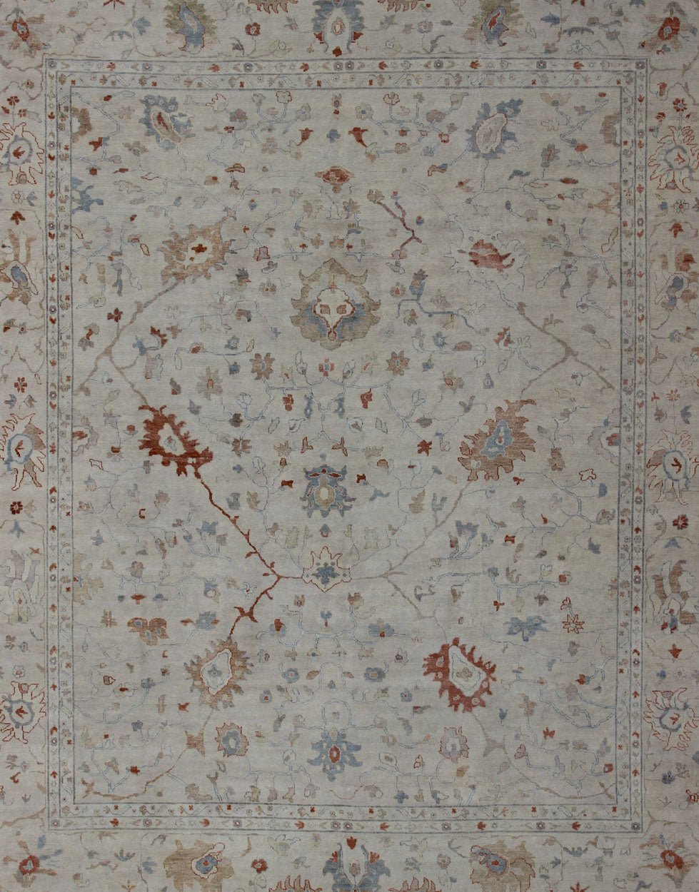 Modern Hand Knotted Oushak Muted Rug in Coral and Light Blue Measures 12 x 15 This hand knotted Oushak rug features a beautiful classic Oushak floral design, rendered in red, blue, terra cotta, and ivory. The field and border are harmon... - Keivan Woven ArtsBDH - 742865 - 10876Rug