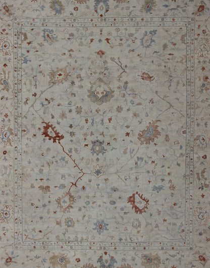 Modern Hand Knotted Oushak Muted Rug in Coral and Light Blue Measures 12 x 15 This hand knotted Oushak rug features a beautiful classic Oushak floral design, rendered in red, blue, terra cotta, and ivory. The field and border are harmon... - Keivan Woven ArtsBDH - 742865 - 10876Rug