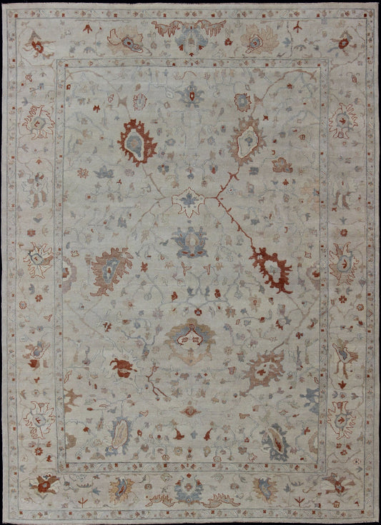 Modern Oushak Muted Rug in Coral and Light Blue Measures 10'1 x 13'9 Country of Origin: India; Type: Oushak; Design: All - Over, Floral, Oushak Floral; Keivan Woven Arts: rug BDH - 743461; All Gray Indian Oushak Rug With All - Over Floral Des... - Keivan Woven ArtsBDH - 743089 - 10880Rug