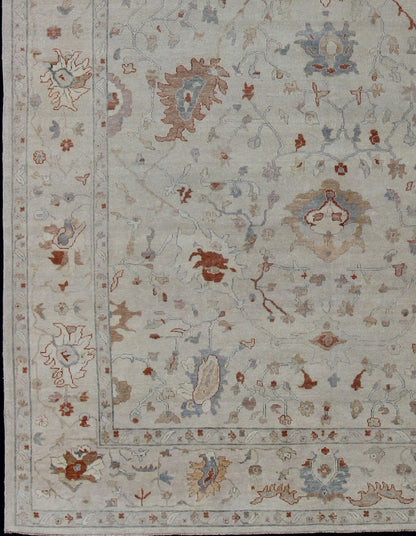 Modern Oushak Muted Rug in Coral and Light Blue Measures 10'1 x 13'9 Country of Origin: India; Type: Oushak; Design: All - Over, Floral, Oushak Floral; Keivan Woven Arts: rug BDH - 743461; All Gray Indian Oushak Rug With All - Over Floral Des... - Keivan Woven ArtsBDH - 743089 - 10880Rug