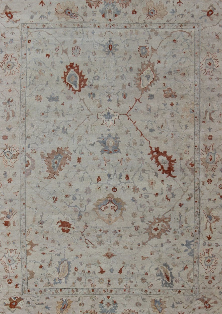 Modern Oushak Muted Rug in Coral and Light Blue Measures 10'1 x 13'9 Country of Origin: India; Type: Oushak; Design: All - Over, Floral, Oushak Floral; Keivan Woven Arts: rug BDH - 743461; All Gray Indian Oushak Rug With All - Over Floral Des... - Keivan Woven ArtsBDH - 743089 - 10880Rug