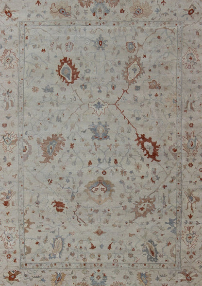 Modern Oushak Muted Rug in Coral and Light Blue Measures 10'1 x 13'9 Country of Origin: India; Type: Oushak; Design: All - Over, Floral, Oushak Floral; Keivan Woven Arts: rug BDH - 743461; All Gray Indian Oushak Rug With All - Over Floral Des... - Keivan Woven ArtsBDH - 743089 - 10880Rug