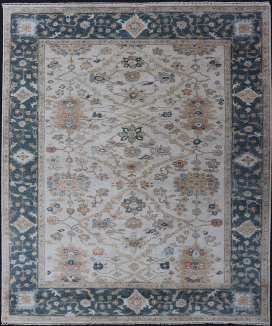 Hand - Knotted Sub - Floral Oushak Design in Teal Blue, Ivory and Multi Colors. Measures 7'9 x 9'9 Country of Origin: India; Type: Oushak; Design: All - Over, sub - Floral; Keivan Woven Arts: rug BDH - 757150, Wool Hand - Knotted Floral Oushak in... - Keivan Woven ArtsBDH - 757150 - 15292Rug