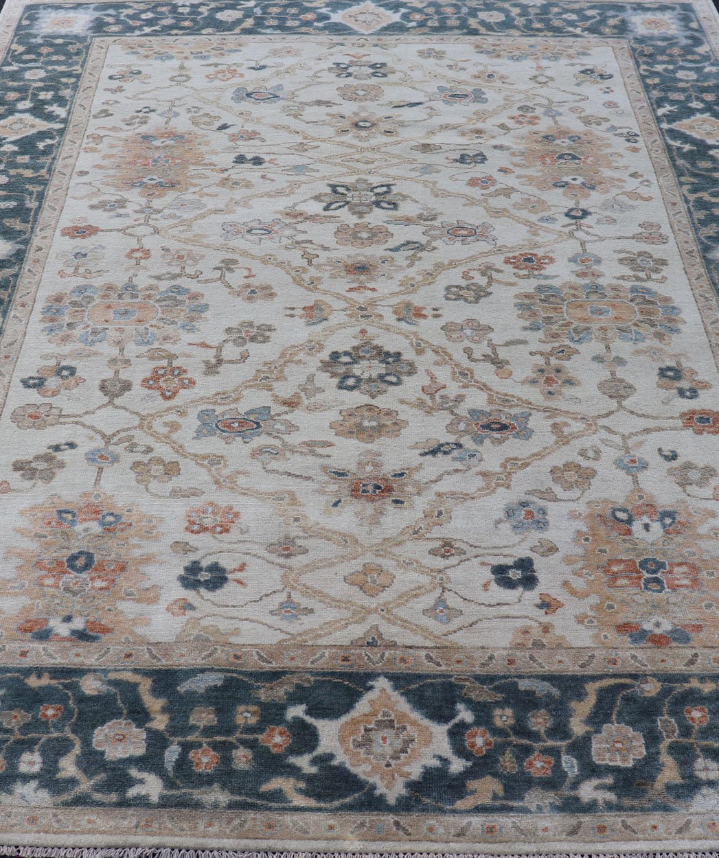 Hand - Knotted Sub - Floral Oushak Design in Teal Blue, Ivory and Multi Colors. Measures 7'9 x 9'9 Country of Origin: India; Type: Oushak; Design: All - Over, sub - Floral; Keivan Woven Arts: rug BDH - 757150, Wool Hand - Knotted Floral Oushak in... - Keivan Woven ArtsBDH - 757150 - 15292Rug