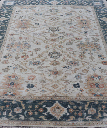 Hand - Knotted Sub - Floral Oushak Design in Teal Blue, Ivory and Multi Colors. Measures 7'9 x 9'9 Country of Origin: India; Type: Oushak; Design: All - Over, sub - Floral; Keivan Woven Arts: rug BDH - 757150, Wool Hand - Knotted Floral Oushak in... - Keivan Woven ArtsBDH - 757150 - 15292Rug
