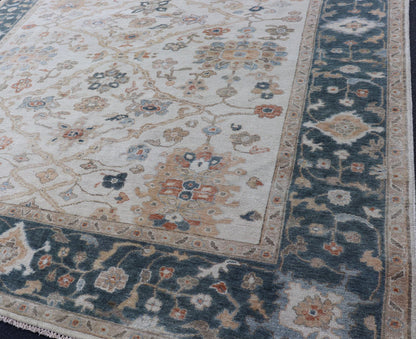 Hand - Knotted Sub - Floral Oushak Design in Teal Blue, Ivory and Multi Colors. Measures 7'9 x 9'9 Country of Origin: India; Type: Oushak; Design: All - Over, sub - Floral; Keivan Woven Arts: rug BDH - 757150, Wool Hand - Knotted Floral Oushak in... - Keivan Woven ArtsBDH - 757150 - 15292Rug