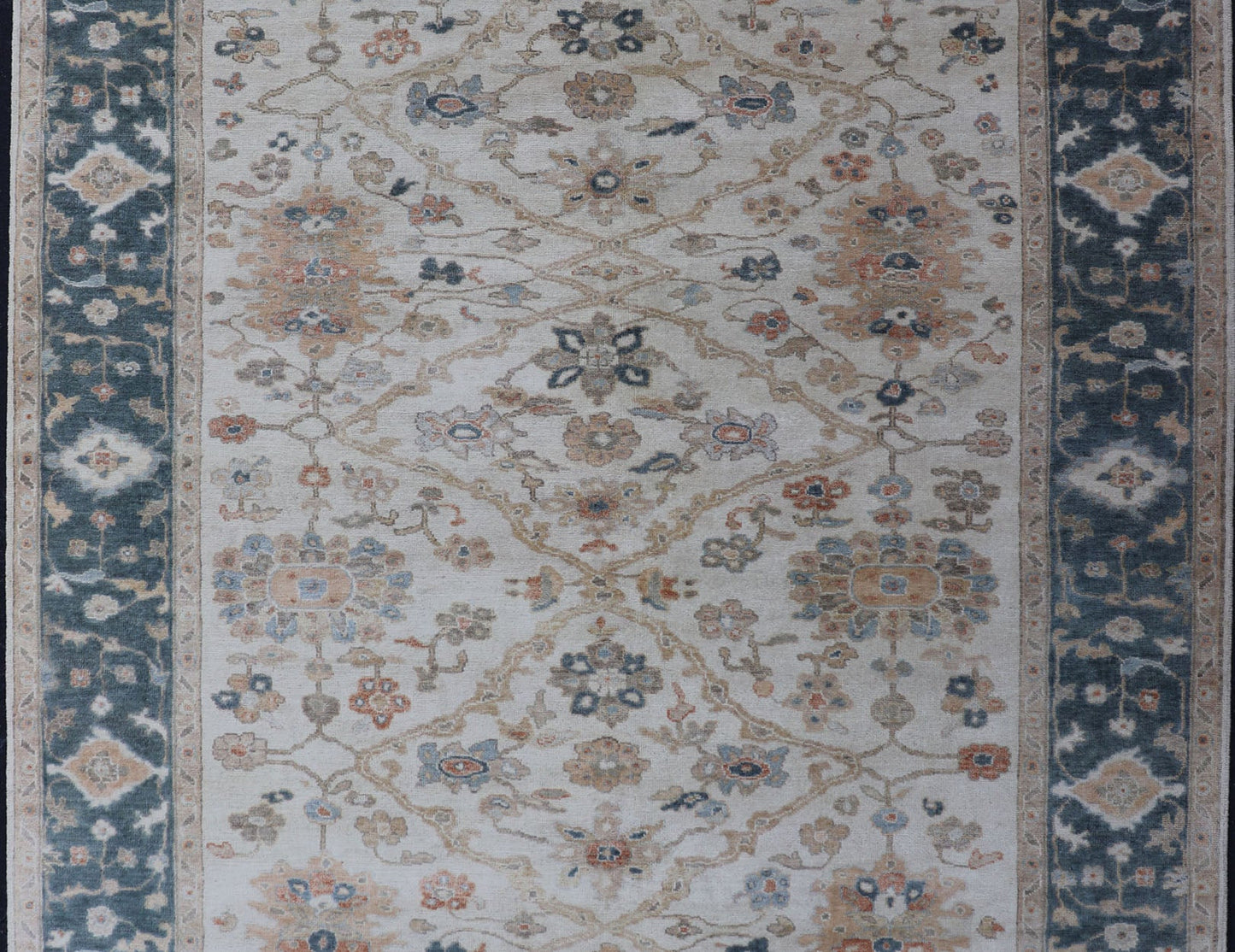 Hand - Knotted Sub - Floral Oushak Design in Teal Blue, Ivory and Multi Colors. Measures 7'9 x 9'9 Country of Origin: India; Type: Oushak; Design: All - Over, sub - Floral; Keivan Woven Arts: rug BDH - 757150, Wool Hand - Knotted Floral Oushak in... - Keivan Woven ArtsBDH - 757150 - 15292Rug