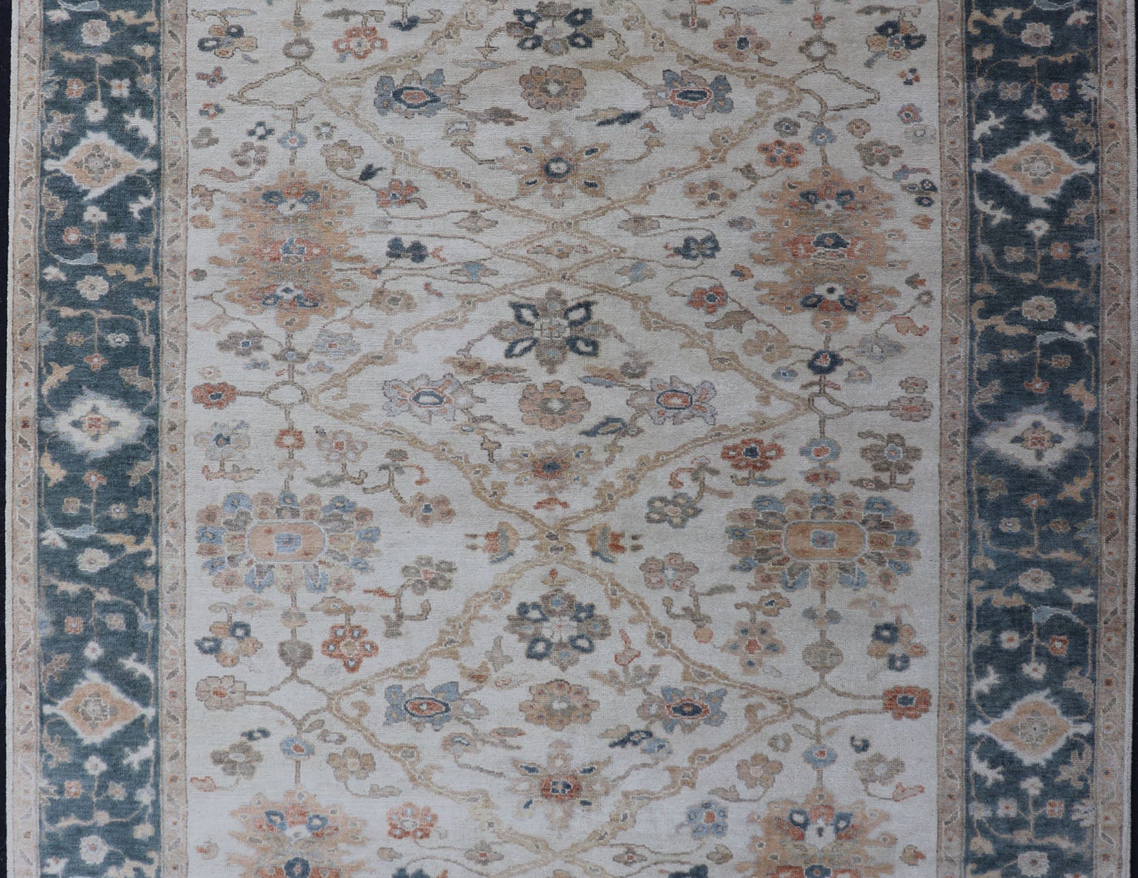 Hand - Knotted Sub - Floral Oushak Design in Teal Blue, Ivory and Multi Colors. Measures 7'9 x 9'9 Country of Origin: India; Type: Oushak; Design: All - Over, sub - Floral; Keivan Woven Arts: rug BDH - 757150, Wool Hand - Knotted Floral Oushak in... - Keivan Woven ArtsBDH - 757150 - 15292Rug