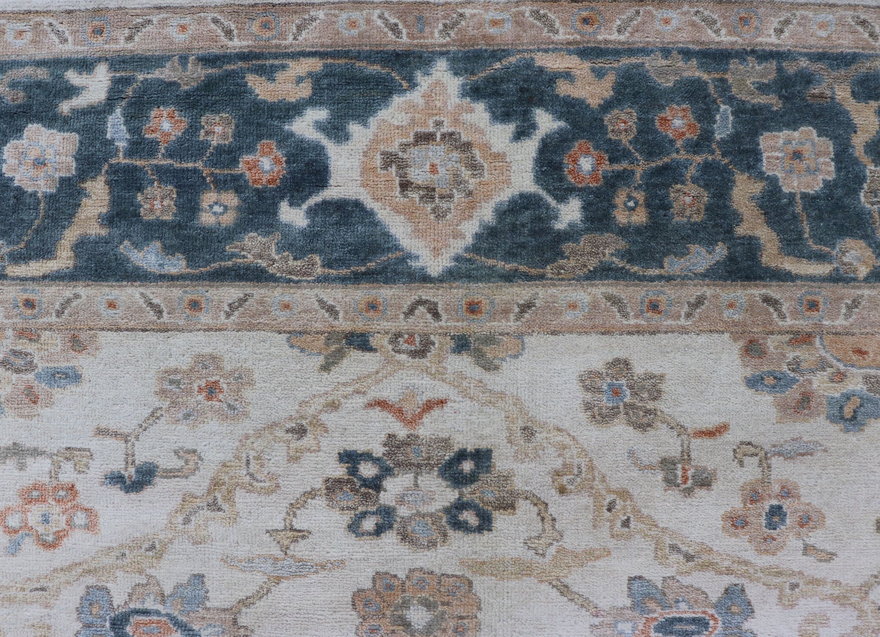 Hand - Knotted Sub - Floral Oushak Design in Teal Blue, Ivory and Multi Colors. Measures 7'9 x 9'9 Country of Origin: India; Type: Oushak; Design: All - Over, sub - Floral; Keivan Woven Arts: rug BDH - 757150, Wool Hand - Knotted Floral Oushak in... - Keivan Woven ArtsBDH - 757150 - 15292Rug