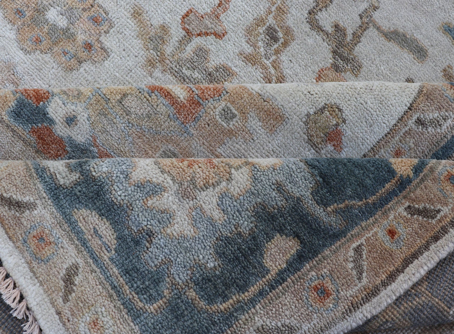 Hand - Knotted Sub - Floral Oushak Design in Teal Blue, Ivory and Multi Colors. Measures 7'9 x 9'9 Country of Origin: India; Type: Oushak; Design: All - Over, sub - Floral; Keivan Woven Arts: rug BDH - 757150, Wool Hand - Knotted Floral Oushak in... - Keivan Woven ArtsBDH - 757150 - 15292Rug