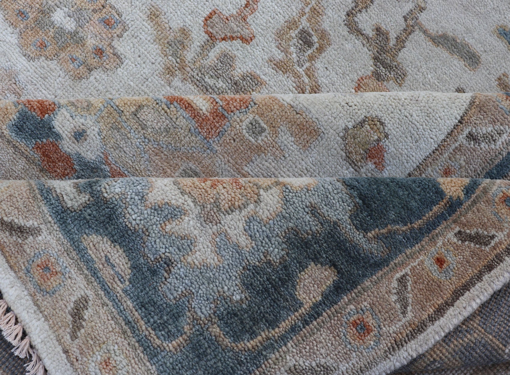 Hand - Knotted Sub - Floral Oushak Design in Teal Blue, Ivory and Multi Colors. Measures 7'9 x 9'9 Country of Origin: India; Type: Oushak; Design: All - Over, sub - Floral; Keivan Woven Arts: rug BDH - 757150, Wool Hand - Knotted Floral Oushak in... - Keivan Woven ArtsBDH - 757150 - 15292Rug