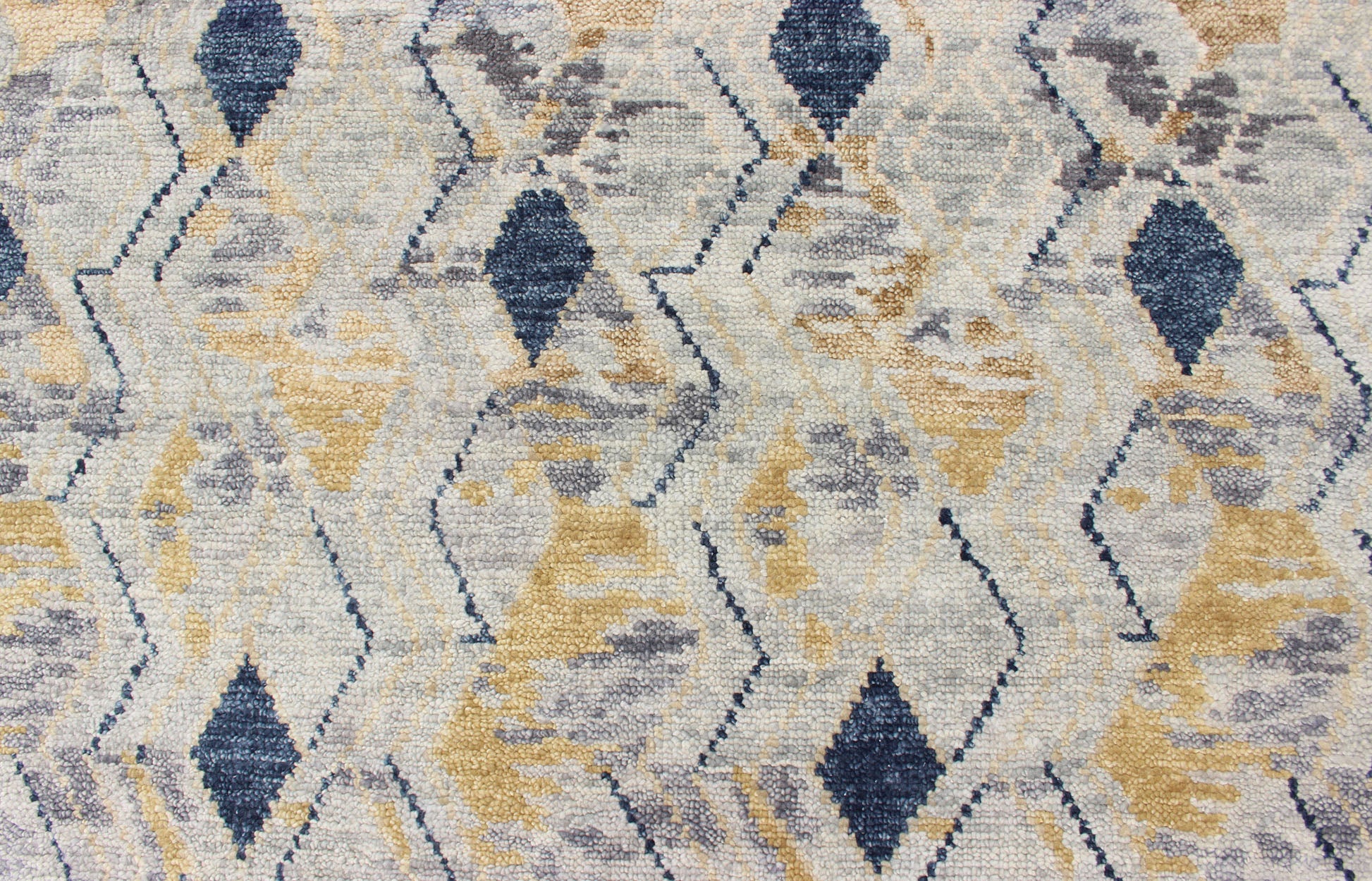Hand Knotted Wool Modern Rug With Diamond Design in Yellow and Blue Measures 10'1 x 13'10 This modern rug features a blue and yellow diamond pattern, lining the entire rug in vertical columns. The background is a light gray, giving this piece... - Keivan Woven ArtsBDH - 757949 - RT - 18 - 13400Rug