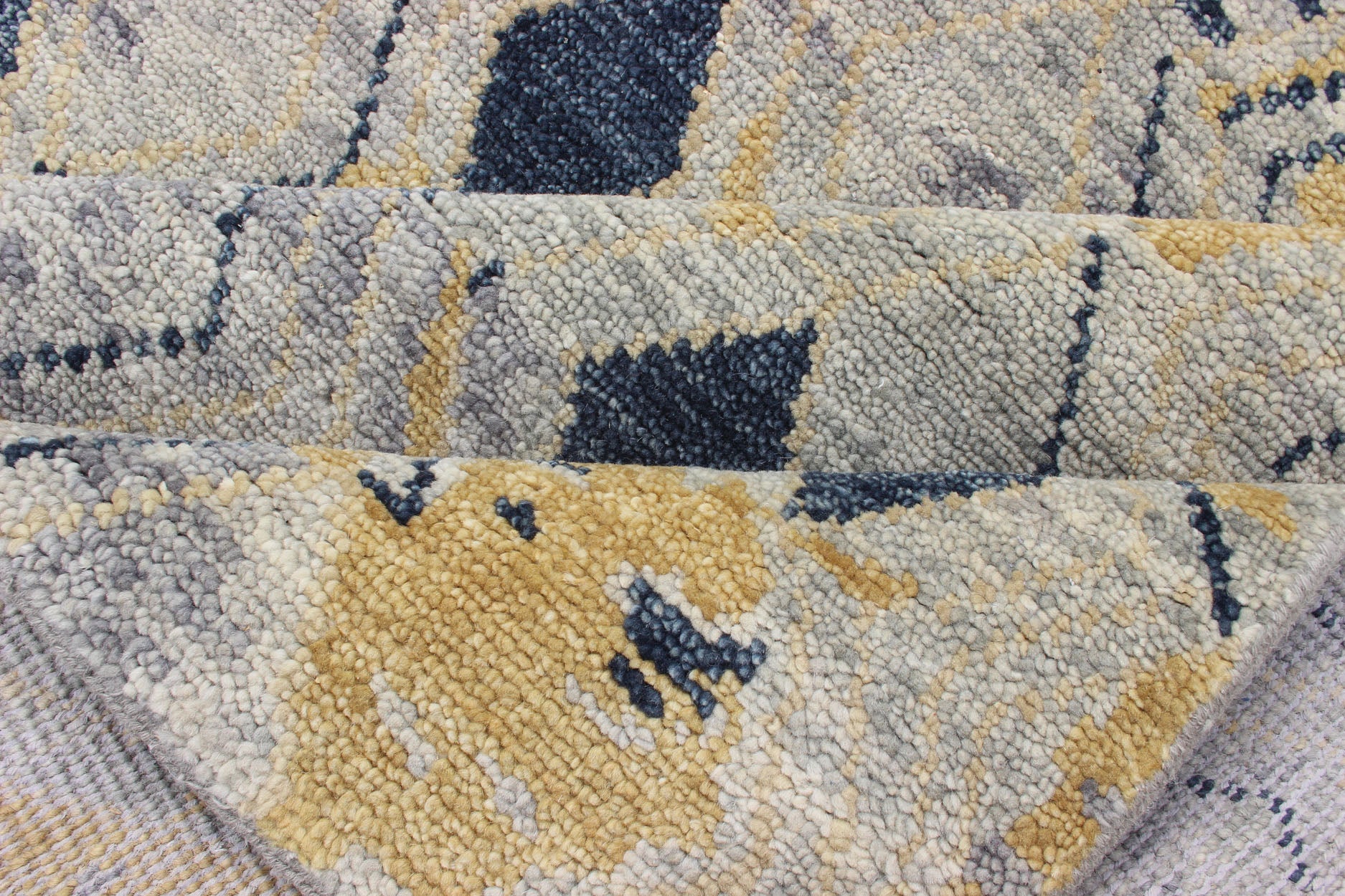 Hand Knotted Wool Modern Rug With Diamond Design in Yellow and Blue Measures 10'1 x 13'10 This modern rug features a blue and yellow diamond pattern, lining the entire rug in vertical columns. The background is a light gray, giving this piece... - Keivan Woven ArtsBDH - 757949 - RT - 18 - 13400Rug