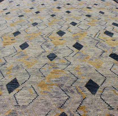 Hand Knotted Wool Modern Rug With Diamond Design in Yellow and Blue Measures 10'1 x 13'10 This modern rug features a blue and yellow diamond pattern, lining the entire rug in vertical columns. The background is a light gray, giving this piece... - Keivan Woven ArtsBDH - 757949 - RT - 18 - 13400Rug