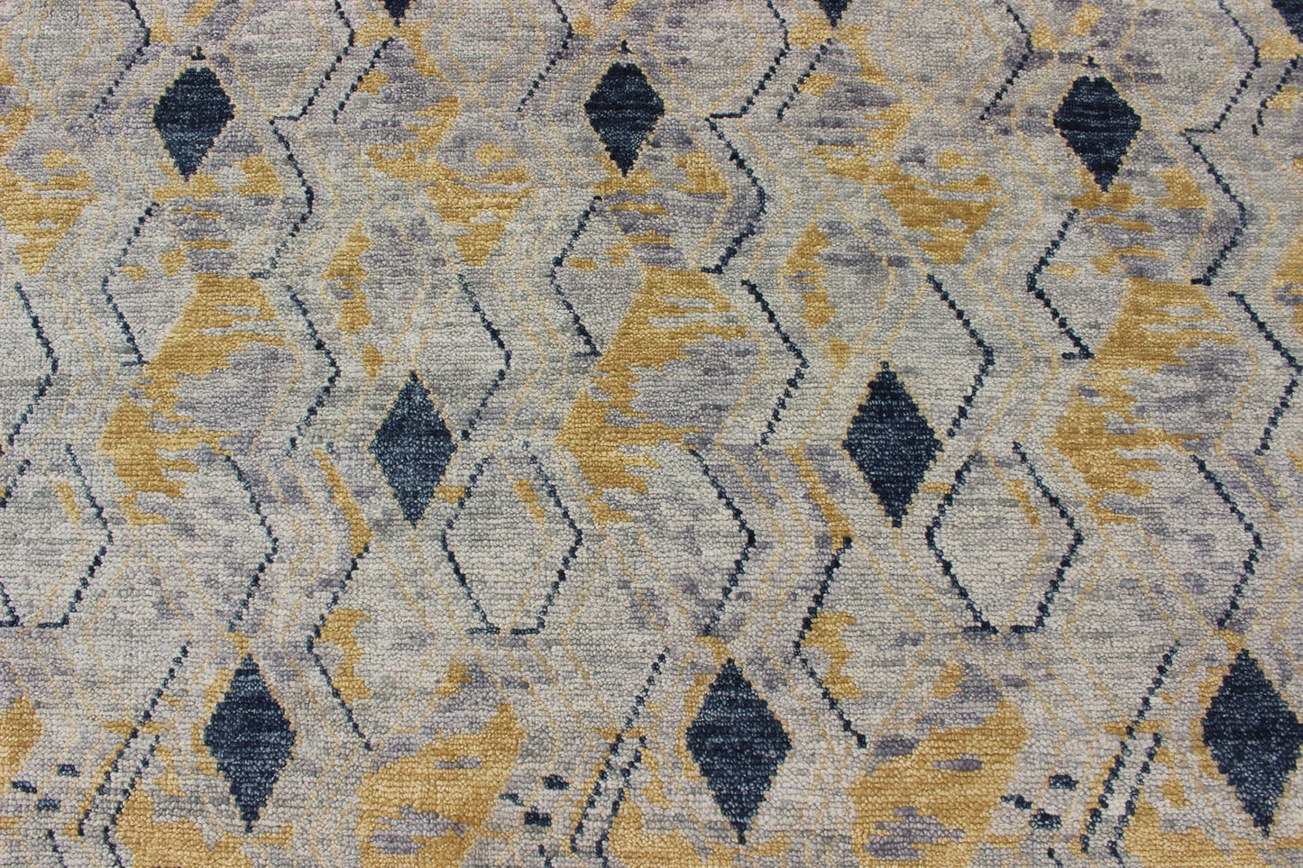 Hand Knotted Wool Modern Rug With Diamond Design in Yellow and Blue Measures 10'1 x 13'10 This modern rug features a blue and yellow diamond pattern, lining the entire rug in vertical columns. The background is a light gray, giving this piece... - Keivan Woven ArtsBDH - 757949 - RT - 18 - 13400Rug