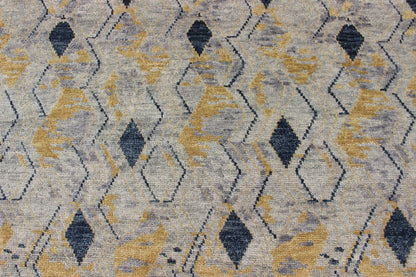 Hand Knotted Wool Modern Rug With Diamond Design in Yellow and Blue Measures 10'1 x 13'10 This modern rug features a blue and yellow diamond pattern, lining the entire rug in vertical columns. The background is a light gray, giving this piece... - Keivan Woven ArtsBDH - 757949 - RT - 18 - 13400Rug
