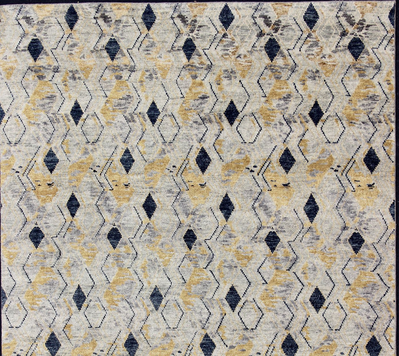 Hand Knotted Wool Modern Rug With Diamond Design in Yellow and Blue Measures 10'1 x 13'10 This modern rug features a blue and yellow diamond pattern, lining the entire rug in vertical columns. The background is a light gray, giving this piece... - Keivan Woven ArtsBDH - 757949 - RT - 18 - 13400Rug