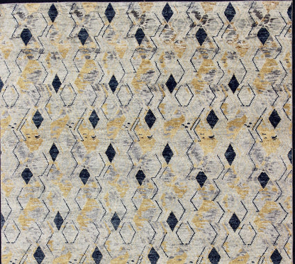 Hand Knotted Wool Modern Rug With Diamond Design in Yellow and Blue Measures 10'1 x 13'10 This modern rug features a blue and yellow diamond pattern, lining the entire rug in vertical columns. The background is a light gray, giving this piece... - Keivan Woven ArtsBDH - 757949 - RT - 18 - 13400Rug