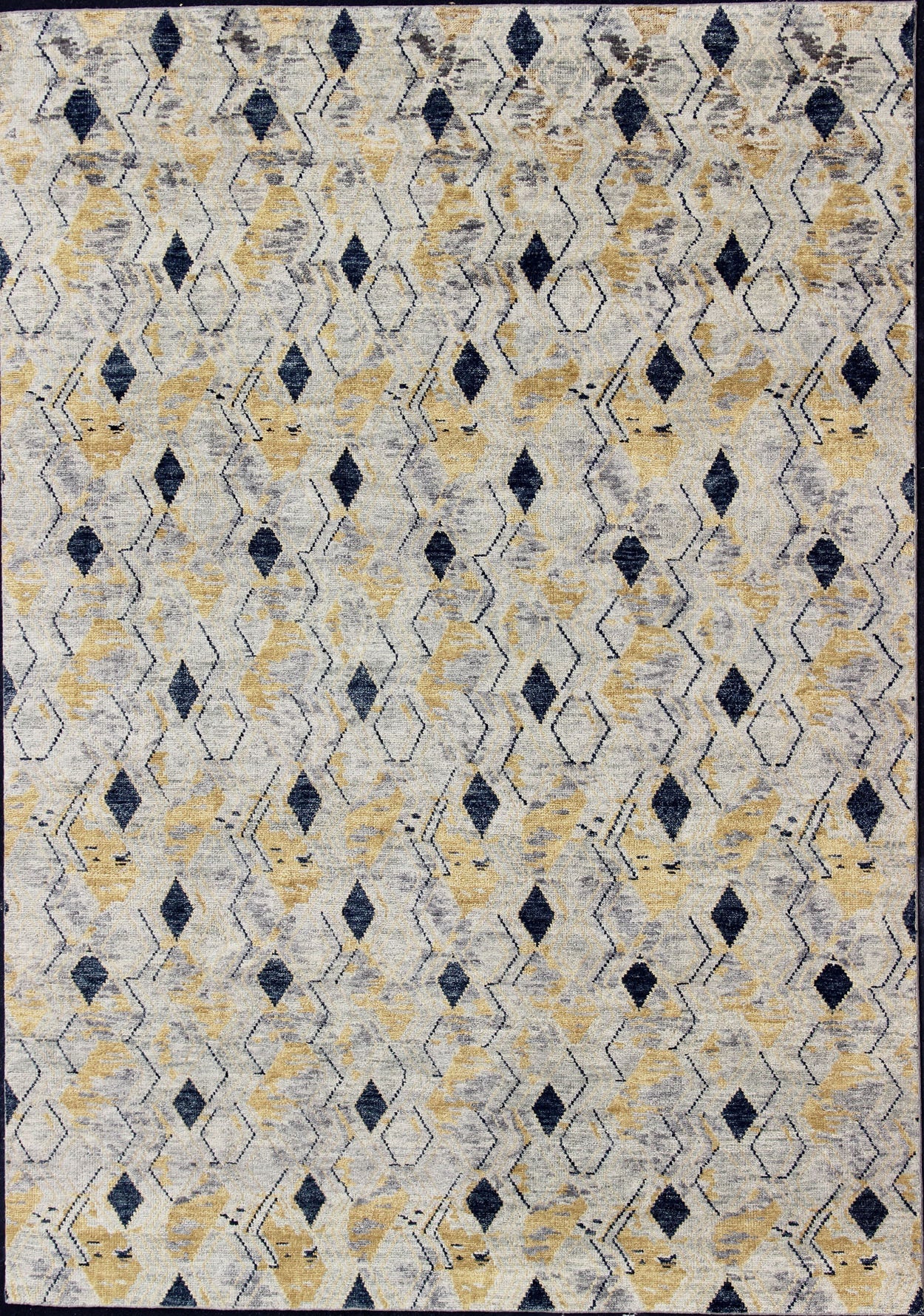 Hand Knotted Wool Modern Rug With Diamond Design in Yellow and Blue Measures 10'1 x 13'10 This modern rug features a blue and yellow diamond pattern, lining the entire rug in vertical columns. The background is a light gray, giving this piece... - Keivan Woven ArtsBDH - 757949 - RT - 18 - 13400Rug