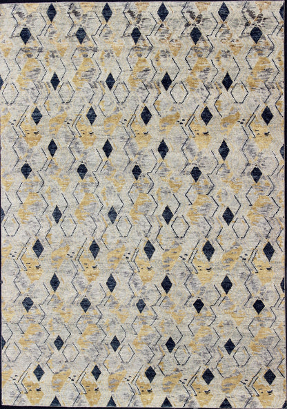 Hand Knotted Wool Modern Rug With Diamond Design in Yellow and Blue Measures 10'1 x 13'10 This modern rug features a blue and yellow diamond pattern, lining the entire rug in vertical columns. The background is a light gray, giving this piece... - Keivan Woven ArtsBDH - 757949 - RT - 18 - 13400Rug