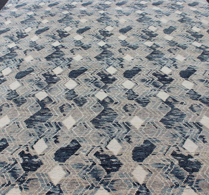 Oversized Modern Diamond Designed Indian Area Rug in Blue, Gray, and White. Country of Origin: India; Type: Modern; Design: All - Over, Abstract, Sub - Geometric, Diamond; Keivan Woven Arts: rug BDH - 759039 - RT - 18. Measures: 12'1 x 14'11 This beautifu... - Keivan Woven ArtsBDH - 759039 - RT - 18 - 13412Rug