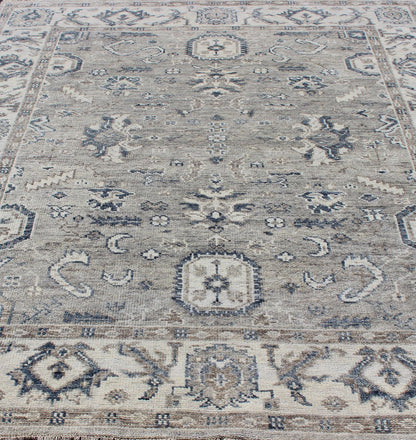 Hand - Knotted Indian Wool Oushak Rug in Cool Neutral Tones Measures 8'0 x 9'9 Country of Origin: India; Type: Oushak; Design: All - Over, Floral, Oushak Floral; Keivan Woven Arts: rug BDH - 760136 - HP - 96; Hand - Knotted Indian Wool Oushak Rug i... - Keivan Woven ArtsBDH - 760136 - HP - 96 - 13418Rug