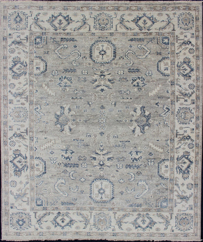Hand - Knotted Indian Wool Oushak Rug in Cool Neutral Tones Measures 8'0 x 9'9 Country of Origin: India; Type: Oushak; Design: All - Over, Floral, Oushak Floral; Keivan Woven Arts: rug BDH - 760136 - HP - 96; Hand - Knotted Indian Wool Oushak Rug i... - Keivan Woven ArtsBDH - 760136 - HP - 96 - 13418Rug
