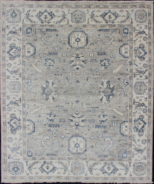 Hand - Knotted Indian Wool Oushak Rug in Cool Neutral Tones Measures 8'0 x 9'9 Country of Origin: India; Type: Oushak; Design: All - Over, Floral, Oushak Floral; Keivan Woven Arts: rug BDH - 760136 - HP - 96; Hand - Knotted Indian Wool Oushak Rug i... - Keivan Woven ArtsBDH - 760136 - HP - 96 - 13418Rug