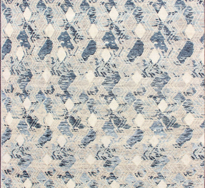Large Modern Hand Knotted Indian Area Rug in Blue's, Gray, and White Measures 9'0 x 12'0 Country of Origin: India; Type: Modern; Design: All - Over, Abstract, Sub - Geometric, Diamond; Keivan Woven Arts: rug BDH - 764179; Large Modern Indian ... - Keivan Woven ArtsBDH - 764179 - RT - 18 - 13428Rug
