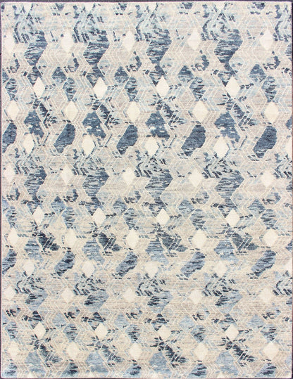 Large Modern Hand Knotted Indian Area Rug in Blue's, Gray, and White Measures 9'0 x 12'0 Country of Origin: India; Type: Modern; Design: All - Over, Abstract, Sub - Geometric, Diamond; Keivan Woven Arts: rug BDH - 764179; Large Modern Indian ... - Keivan Woven ArtsBDH - 764179 - RT - 18 - 13428Rug