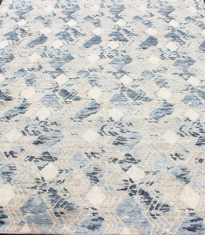 Large Modern Hand Knotted Indian Area Rug in Blue's, Gray, and White Measures 9'0 x 12'0 Country of Origin: India; Type: Modern; Design: All - Over, Abstract, Sub - Geometric, Diamond; Keivan Woven Arts: rug BDH - 764179; Large Modern Indian ... - Keivan Woven ArtsBDH - 764179 - RT - 18 - 13428Rug
