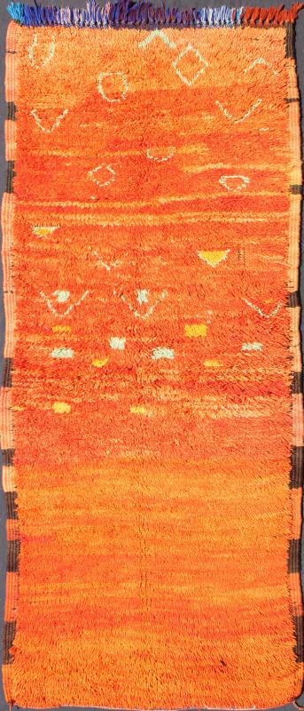 Vintage Small Moroccan Boujaad Rug in Variegated Saffron and Orange Colors Measures: 3'0'' x 7'0''. This original carpet features intricate symbols based mostly on tribal motifs, with multiple shades of orange, saffron, as well as burnt orang... - Keivan Woven ArtsBDS - 136619 - 7275Rug